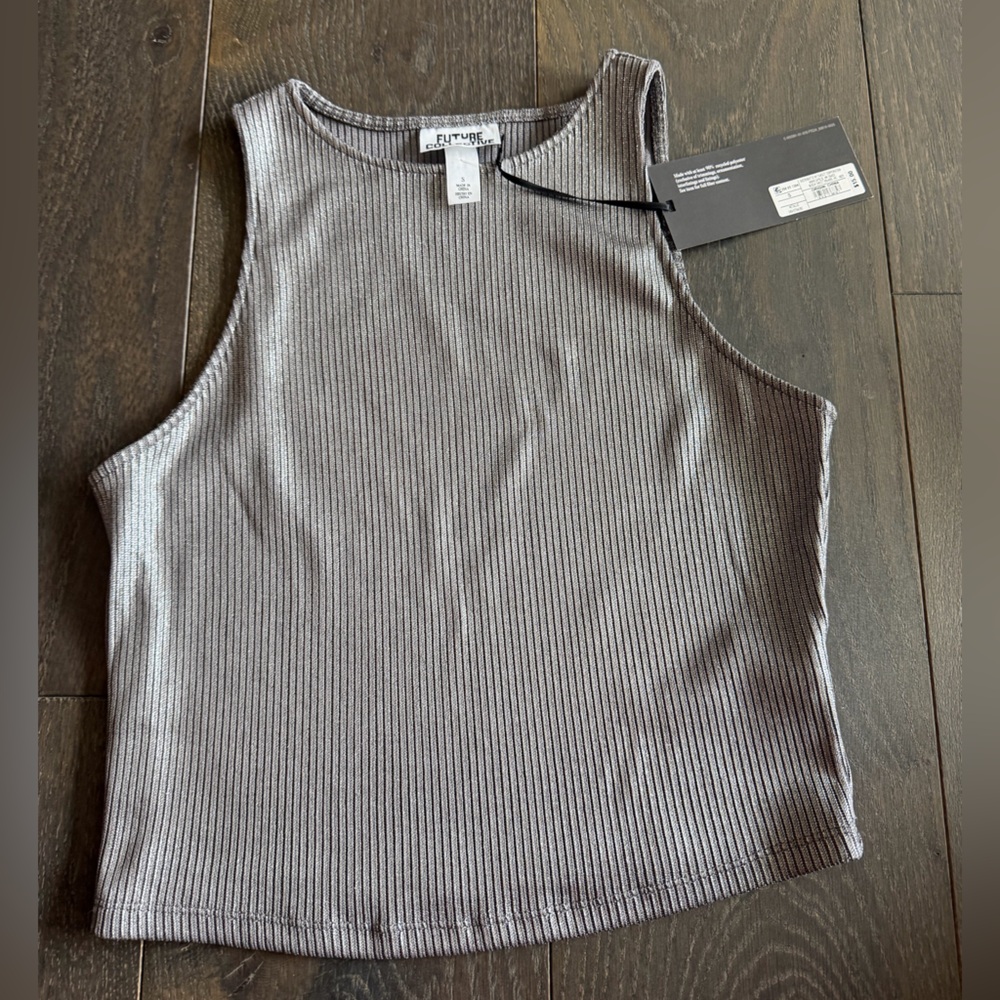 Ribbed Metallic Silver Tank Top